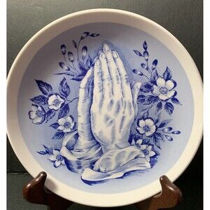 Praying Hands Decorative Plate Religious Blue Floral Japan Porcelain Vintage